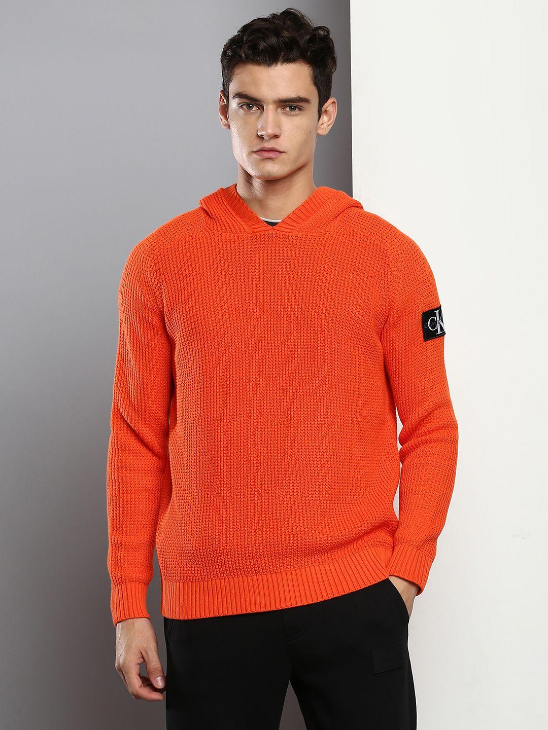calvin klein jeans men orange self design open-knit hooded pullover sweater