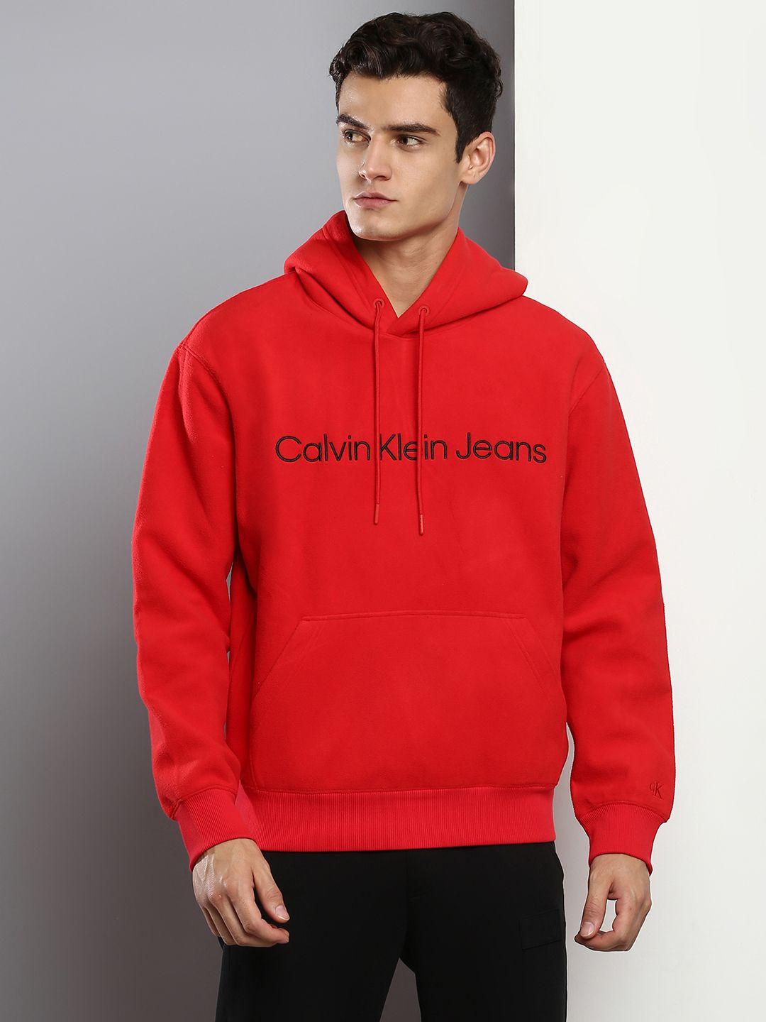 calvin klein jeans men red brand logo embroidered hooded sweatshirt