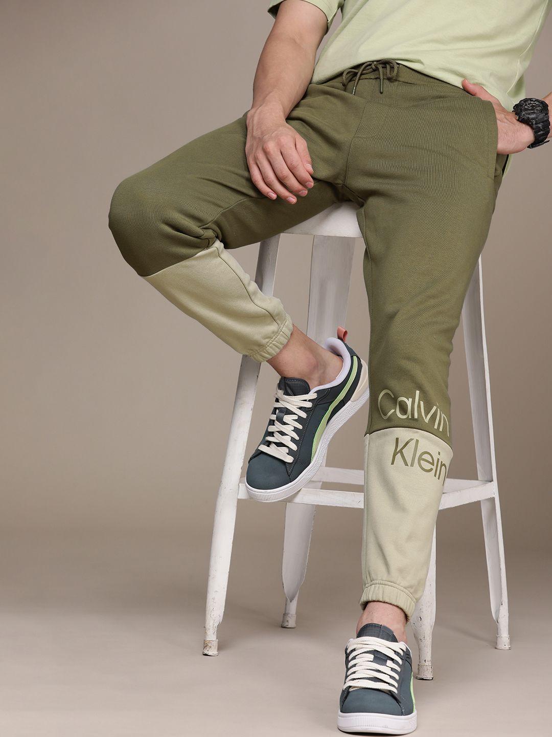 calvin klein jeans olive green colourblocked mid rise casual joggers