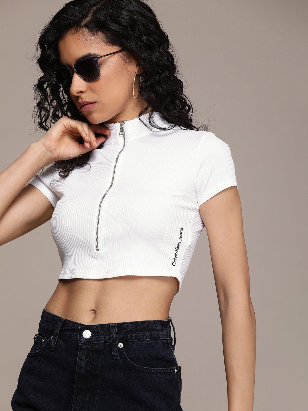 calvin klein jeans solid ribbed high neck short sleeves fitted crop top