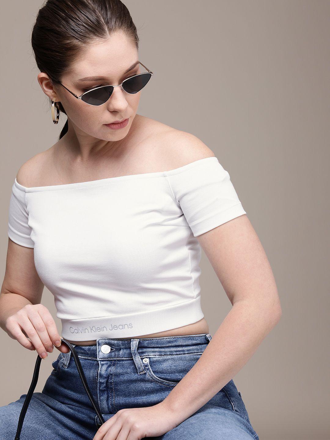 calvin klein jeans white solid off-shoulder bardot crop top