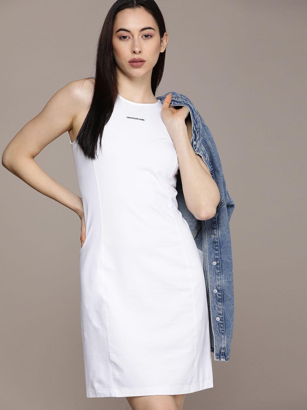 calvin klein jeans white solid sheath dress with brand logo print detail