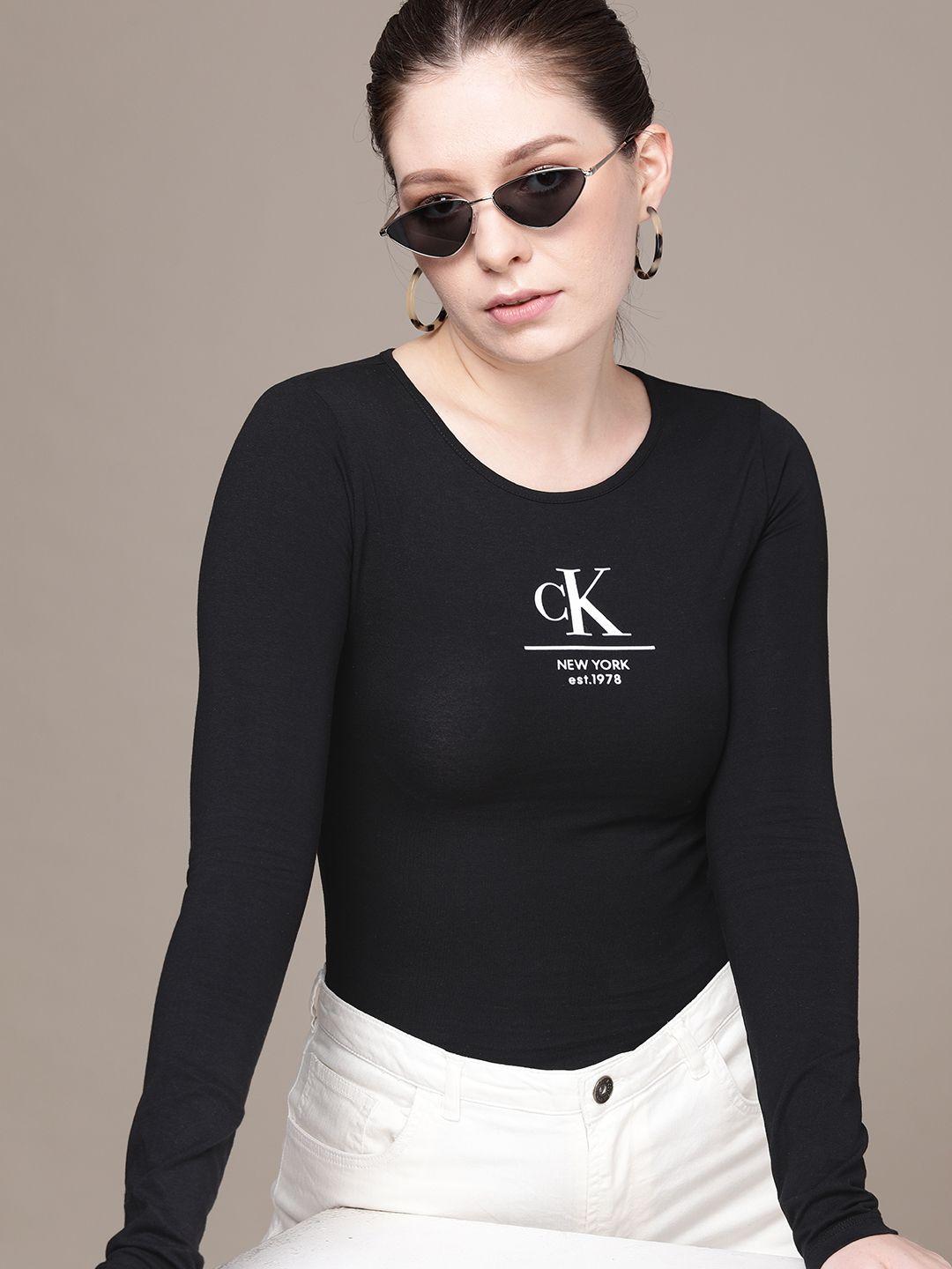 calvin klein jeans women black brand logo printed bodysuit