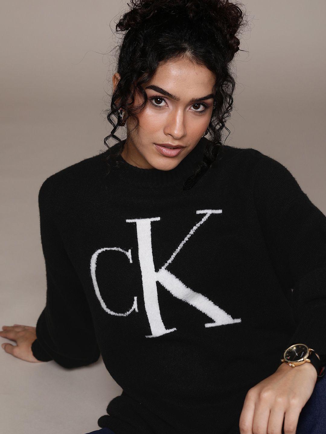 calvin klein jeans women black brand logo printed longline pullover sweater