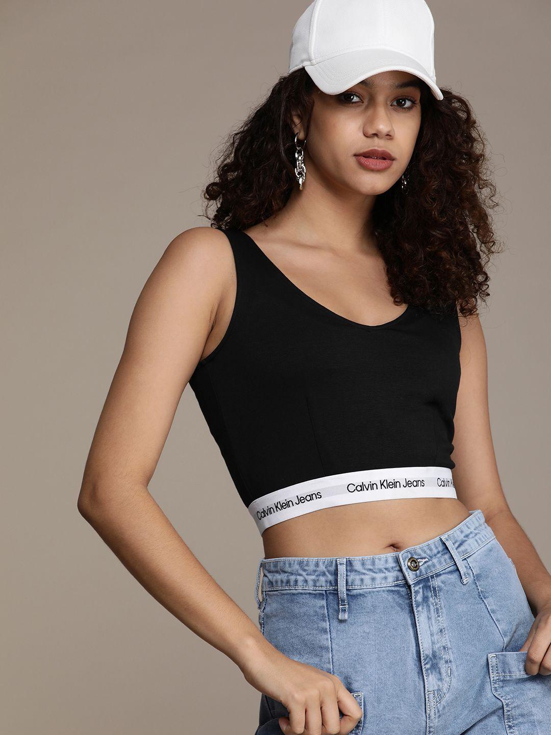 calvin klein jeans women black v-neck slim fit t-shirt