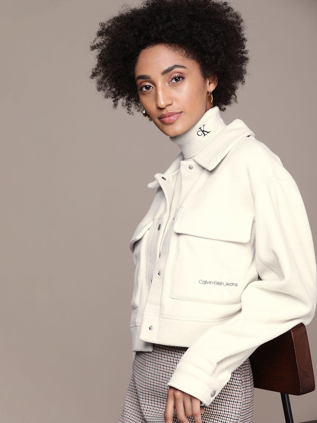 calvin klein jeans women off white crop fleece tailored jacket