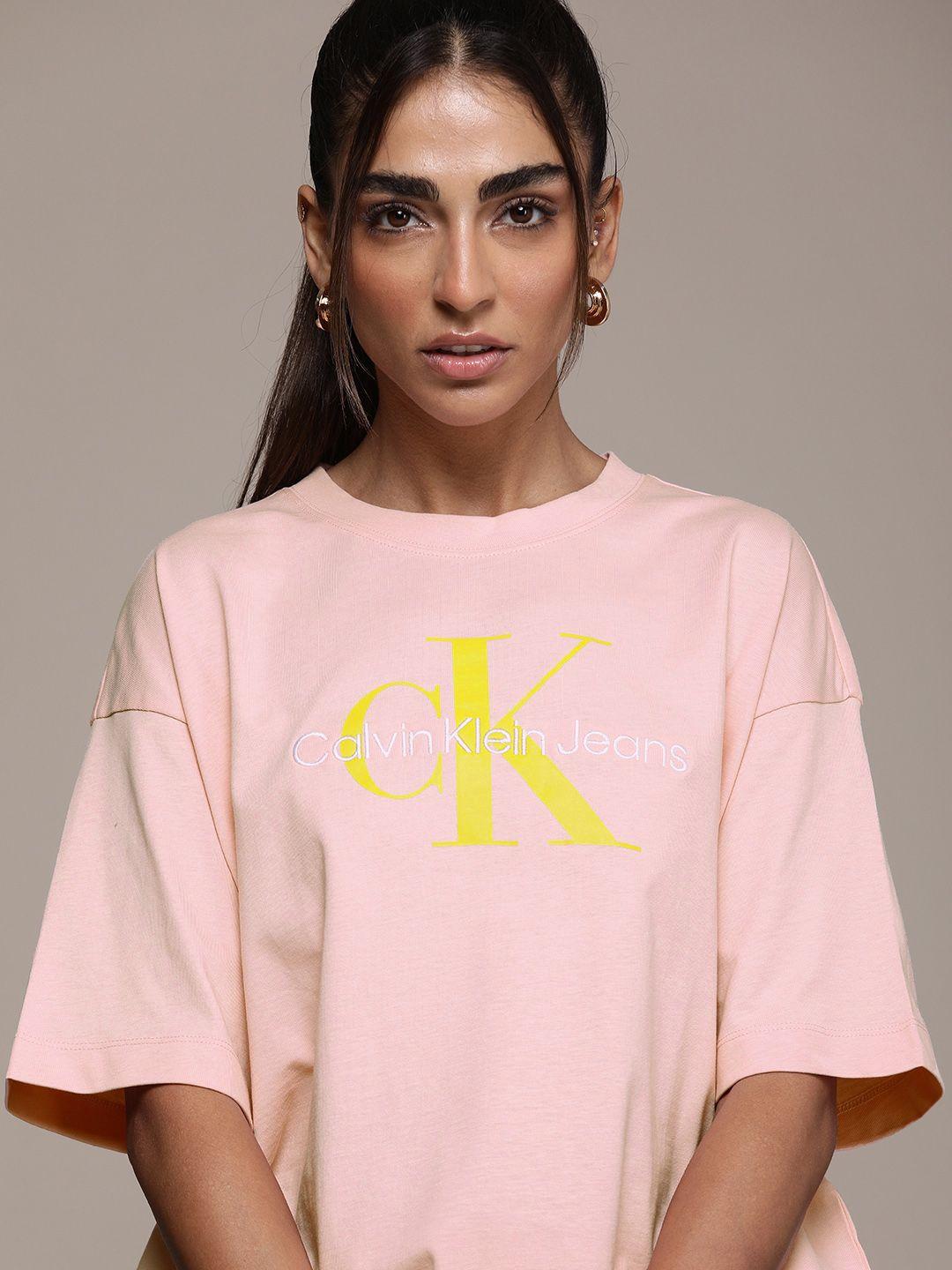 calvin klein jeans women pink brand logo printed pure cotton t-shirt