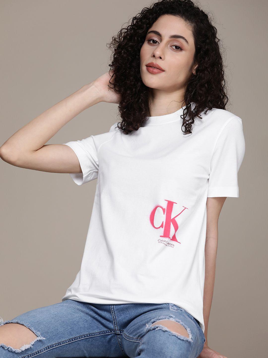 calvin klein jeans women pure cotton brand logo printed t-shirt