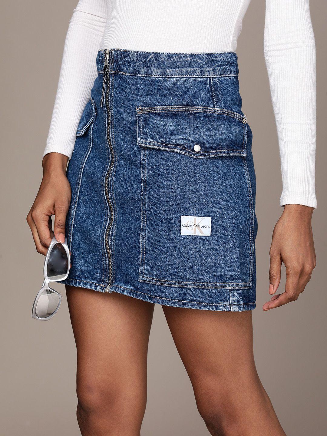 calvin klein jeans women pure cotton faded denim a-line mini skirt
