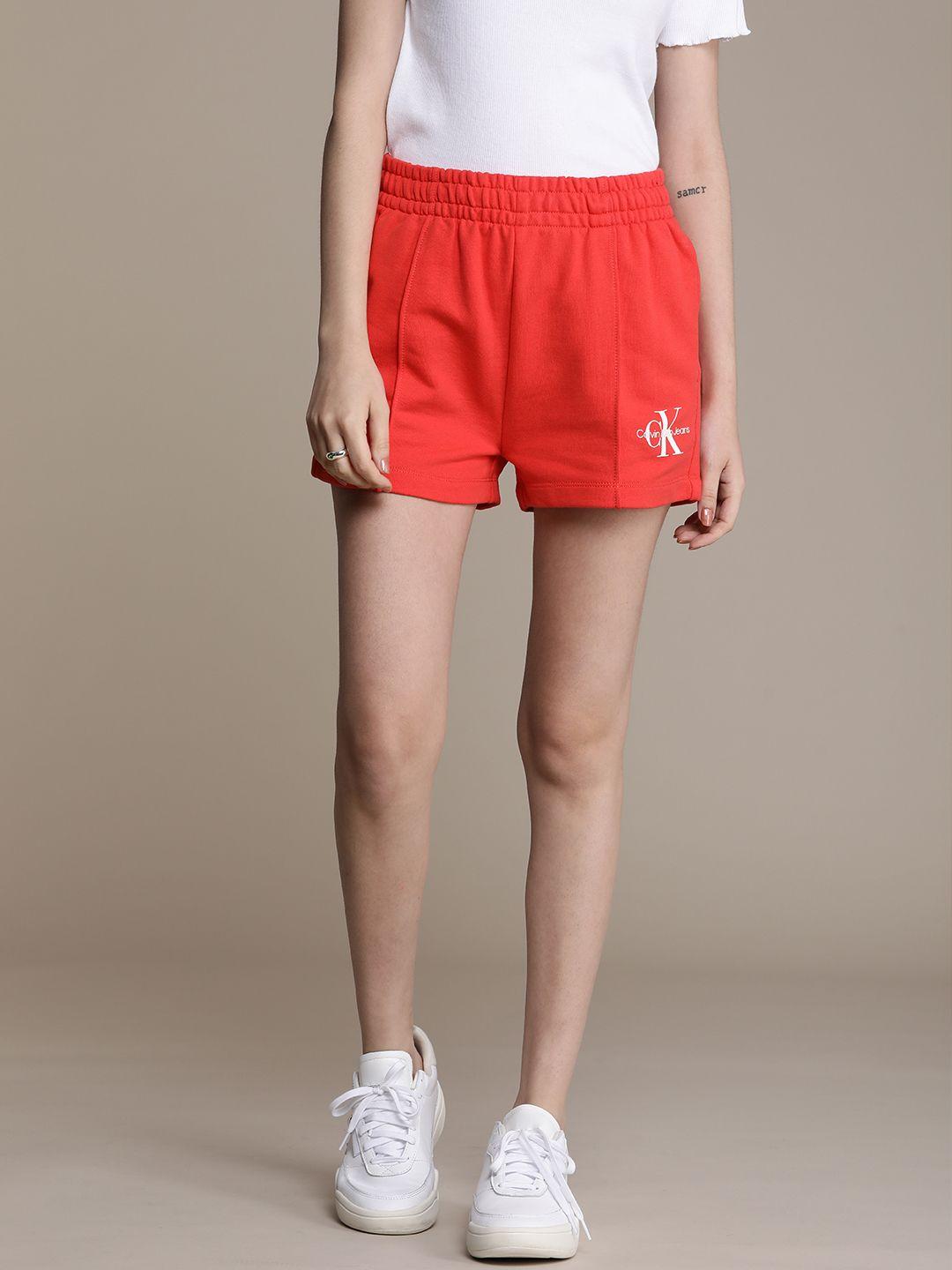 calvin klein jeans women red typography printed loose fit  cotton shorts