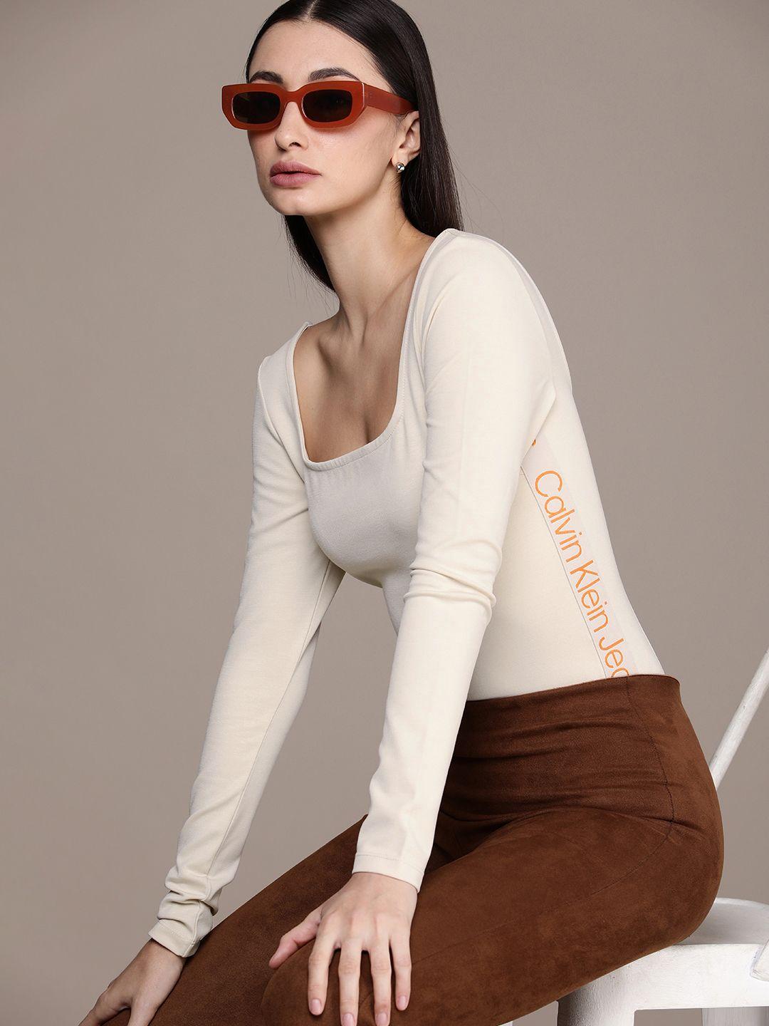 calvin klein jeans women solid brand logo tape detail scoop neck bodysuit