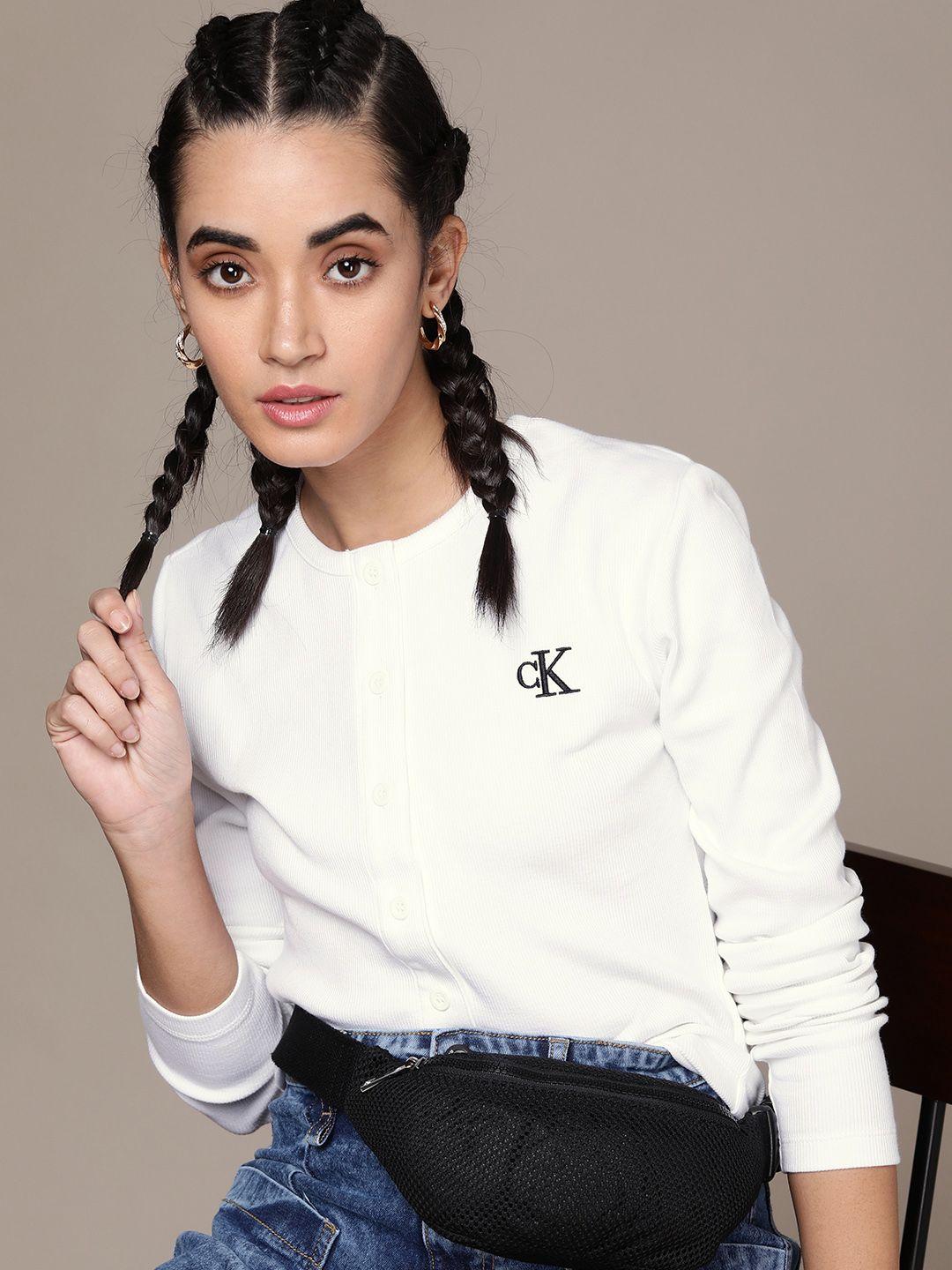 calvin klein jeans women white & black brand logo printed slim fit t-shirt