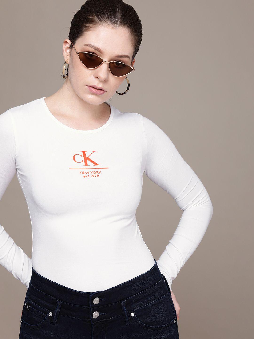calvin klein jeans women white brand logo printed bodysuit