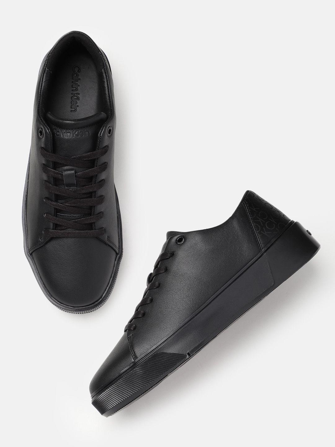 calvin klein men solid leather sneakers with minimal brand logo print detail