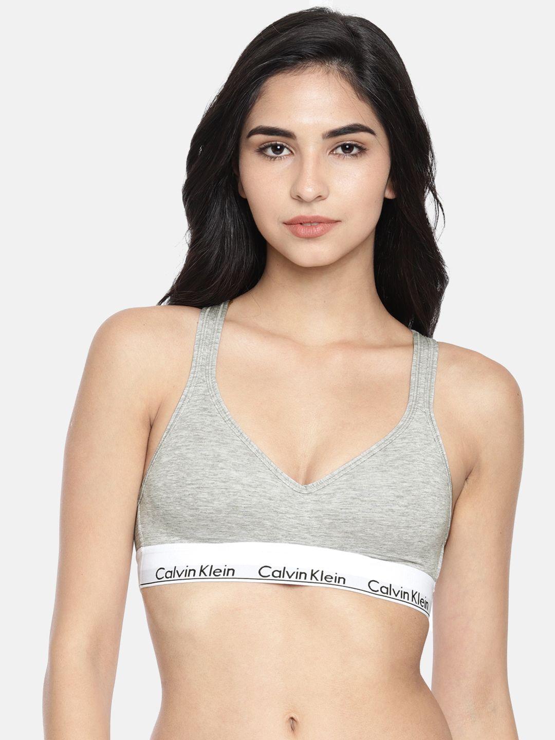 calvin klein underwear modern cotton collection grey solid non-wired lightly padded sports bra qf1654020