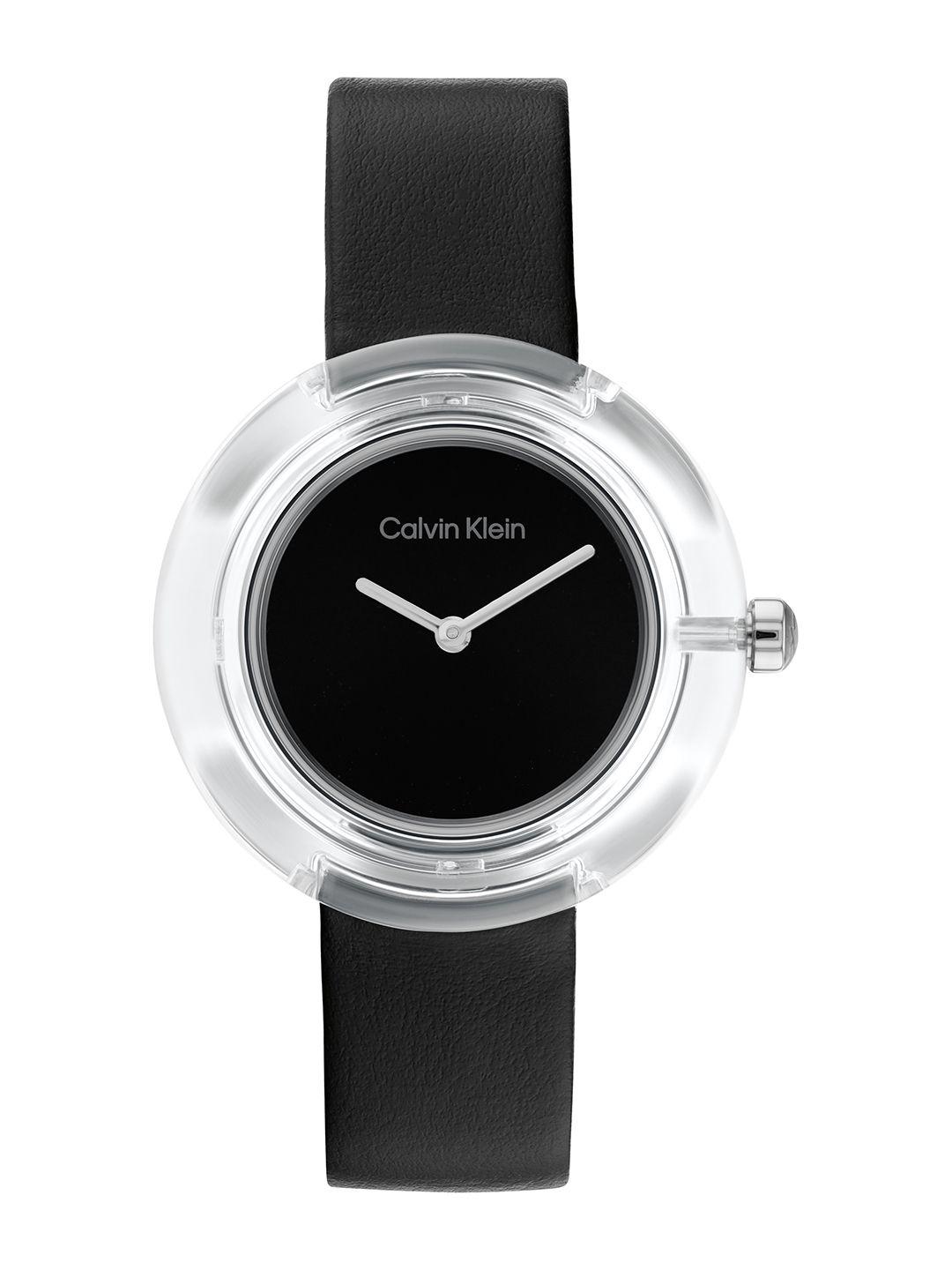 calvin klein women circular leather analogue watch 25200020-black