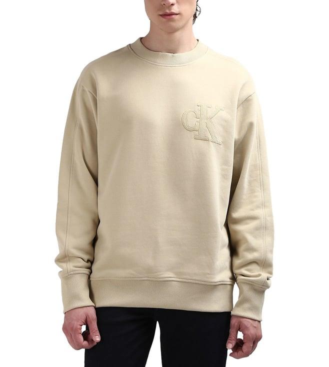 calvin klein beige solid crew neck full sleeves sweatshirt