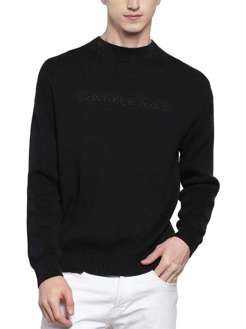 calvin klein black cotton relaxed fit embroidered sweater