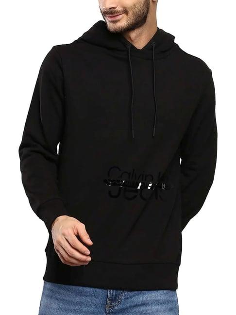 calvin klein black cotton relaxed fit printed hooded sweatshirt