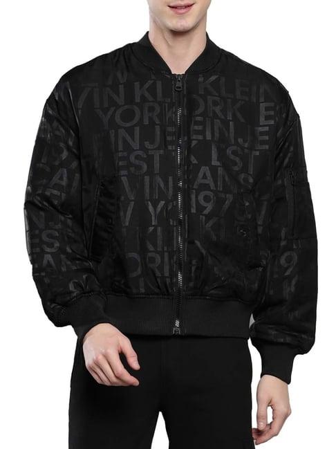 calvin klein black regular fit printed bomber jacket