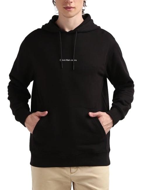 calvin klein black regular fit printed hooded sweatshirt