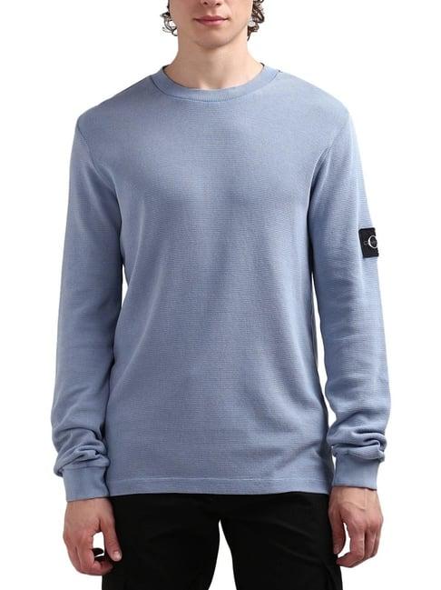 calvin klein blue cotton regular fit texture t-shirt