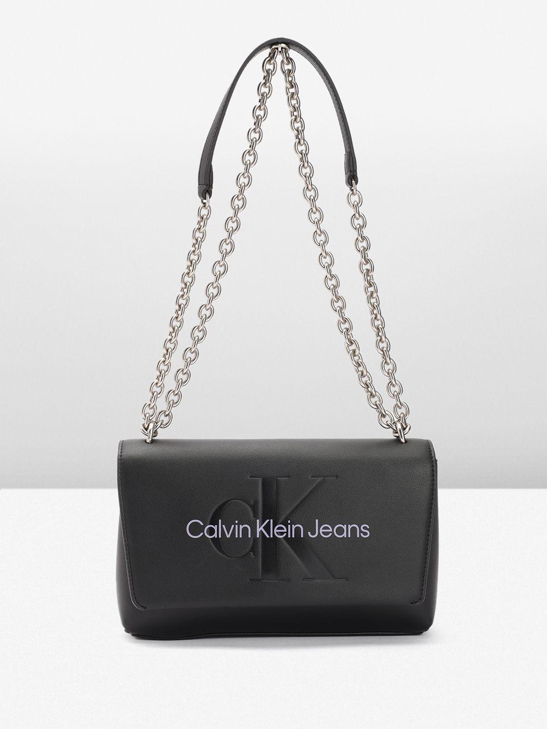 calvin klein brand logo debossed & printed pu structured shoulder bag