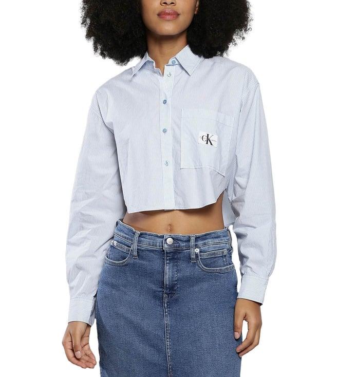 calvin klein dusk blue & white stripe womens brand monogram cropped shirt