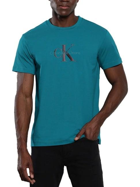 calvin klein dusk blue cotton regular fit logo printed t-shirt