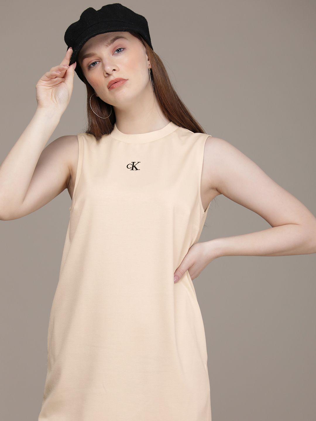 calvin klein jeans beige solid round neck brand logo embroidered knitted slip a-line dress