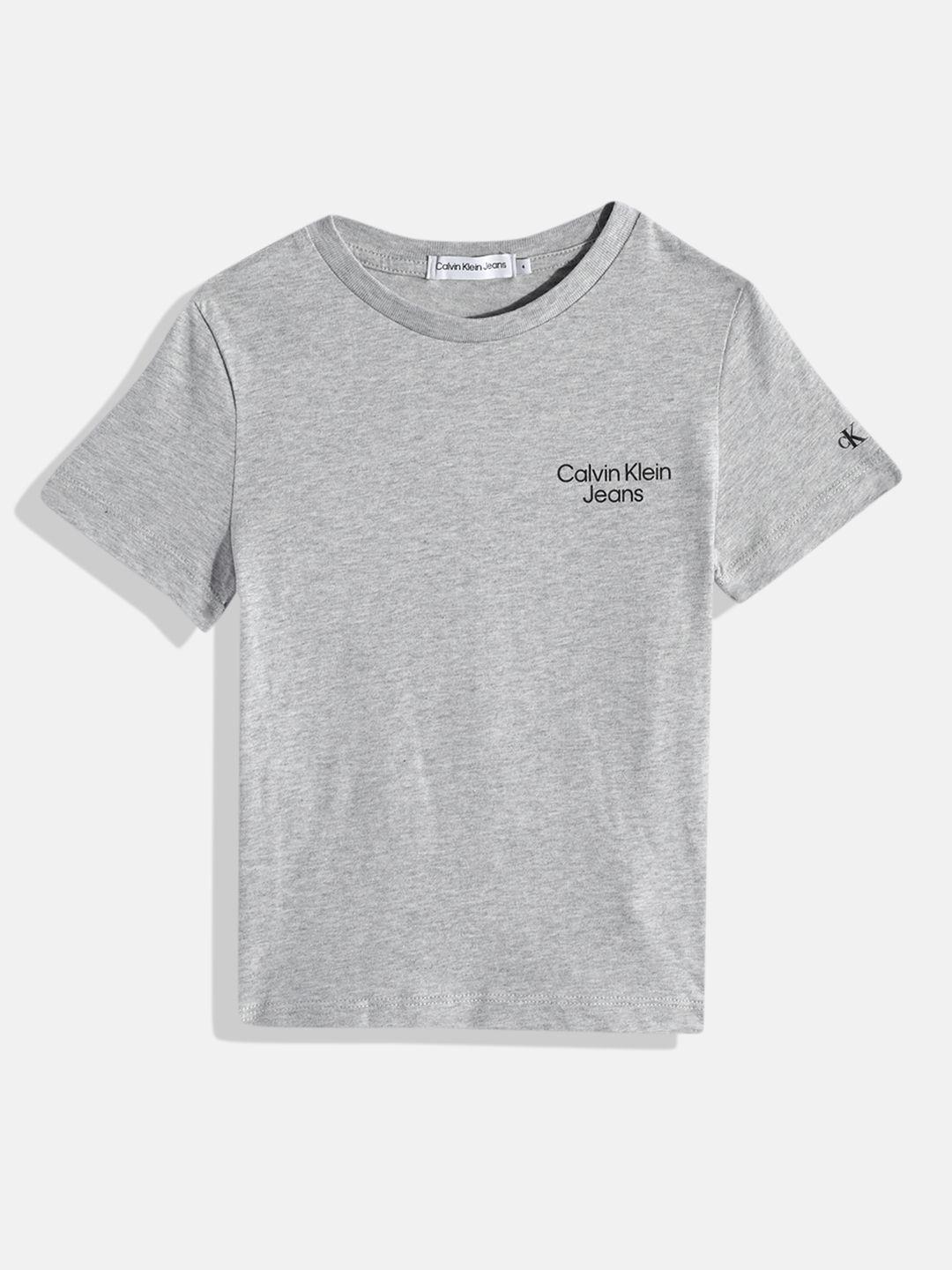 calvin klein jeans boys grey melange brand logo printed pure cotton t-shirt