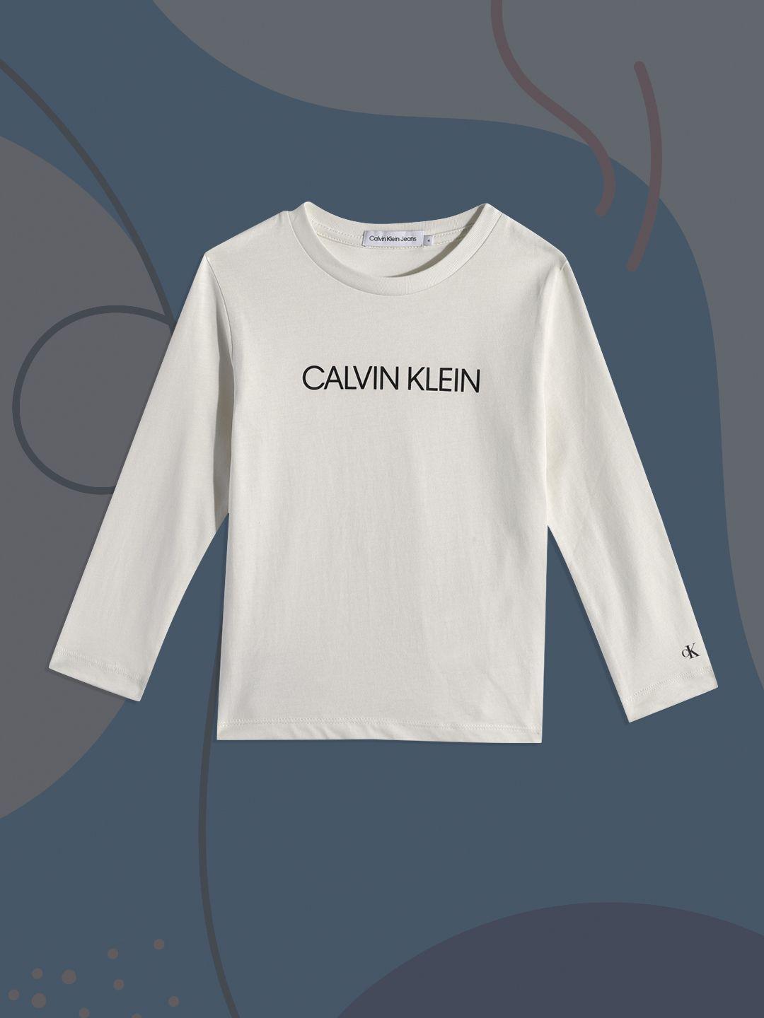 calvin klein jeans boys off-white brand logo printed pure cotton t-shirt