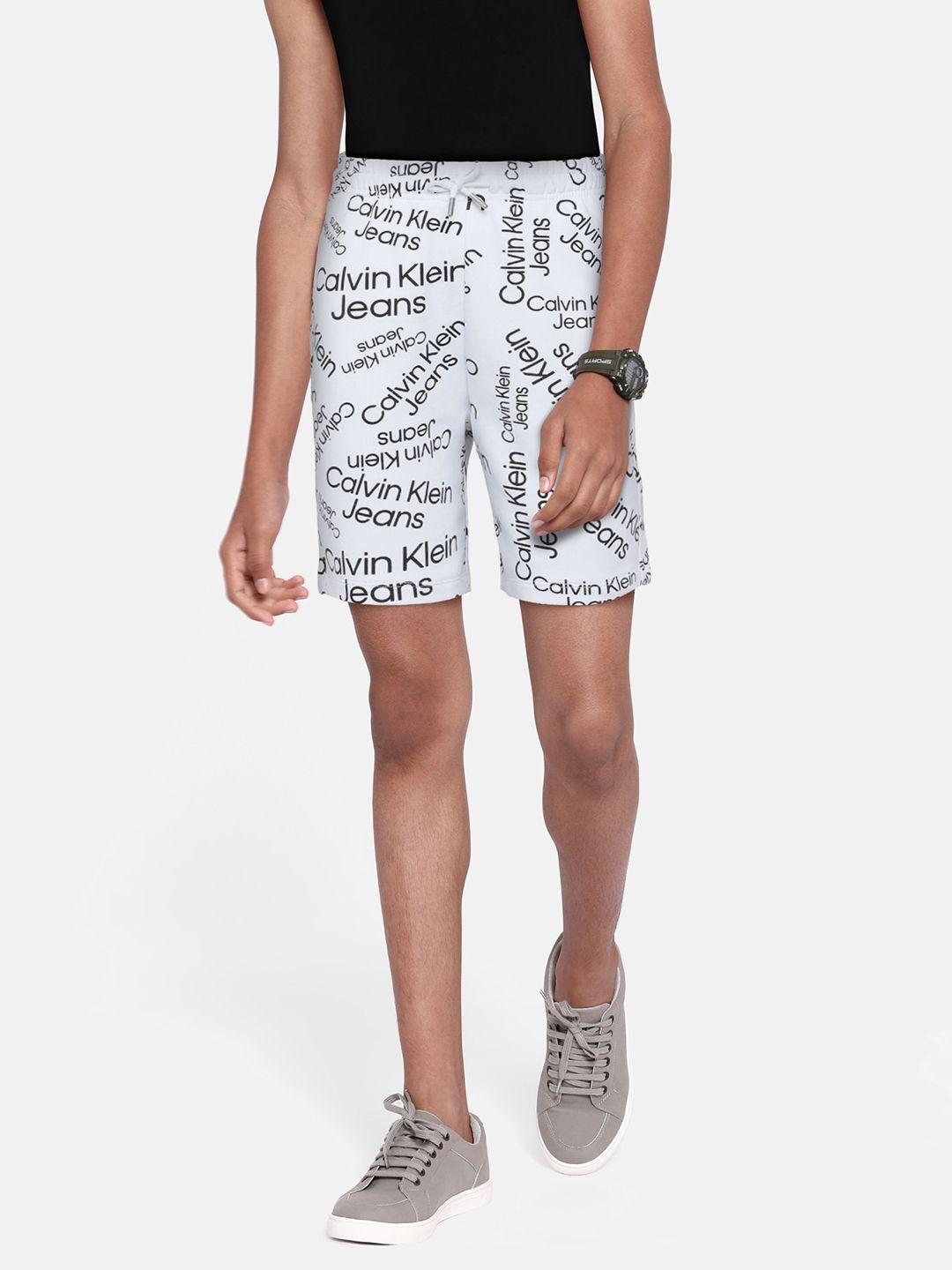 calvin klein jeans boys white typography printed pure cotton shorts