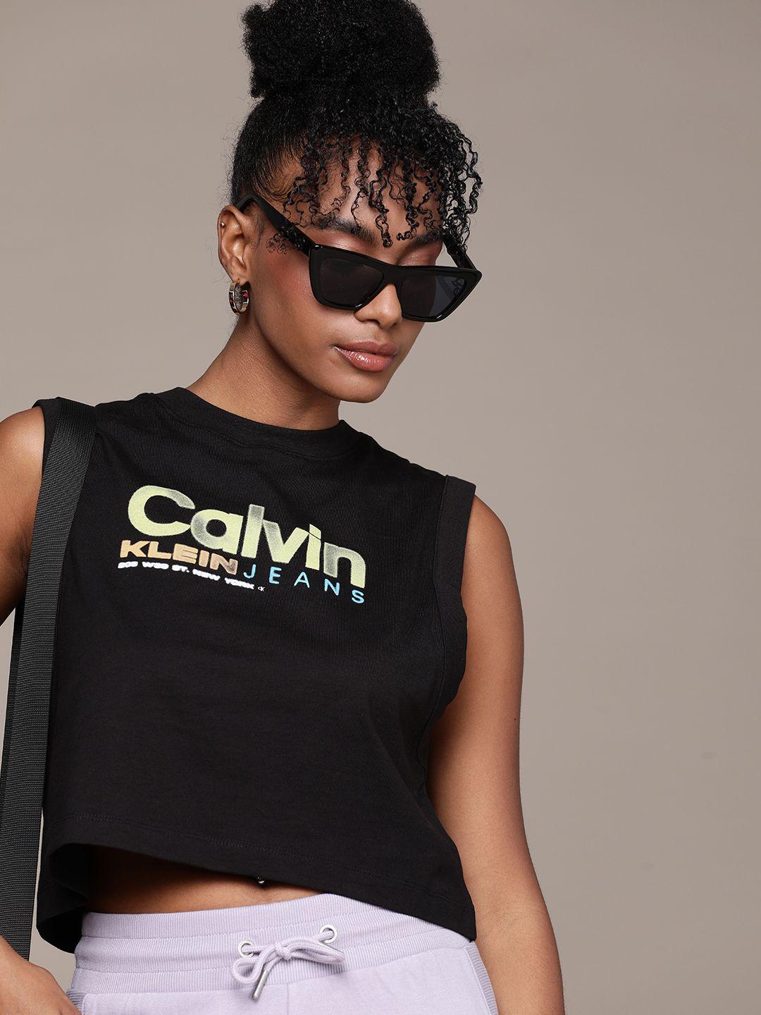 calvin klein jeans brand logo printed pure cotton slim fit crop t-shirt