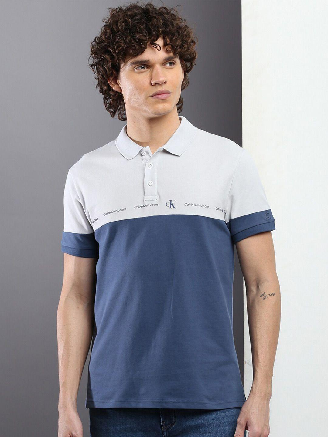 calvin klein jeans colourblocked typography printed polo collar slim fit t-shirt