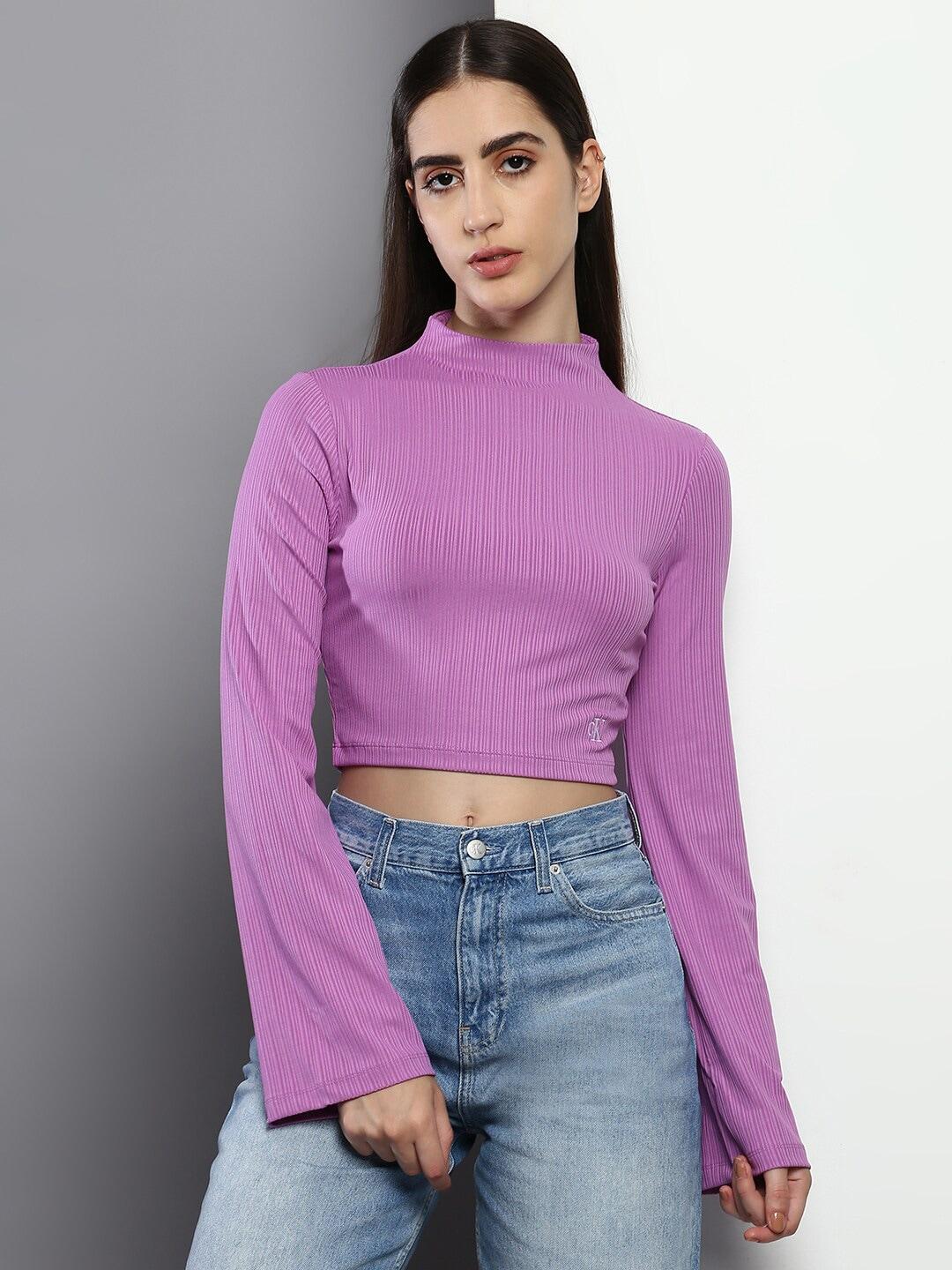 calvin klein jeans high neck flared sleeves striped crop top