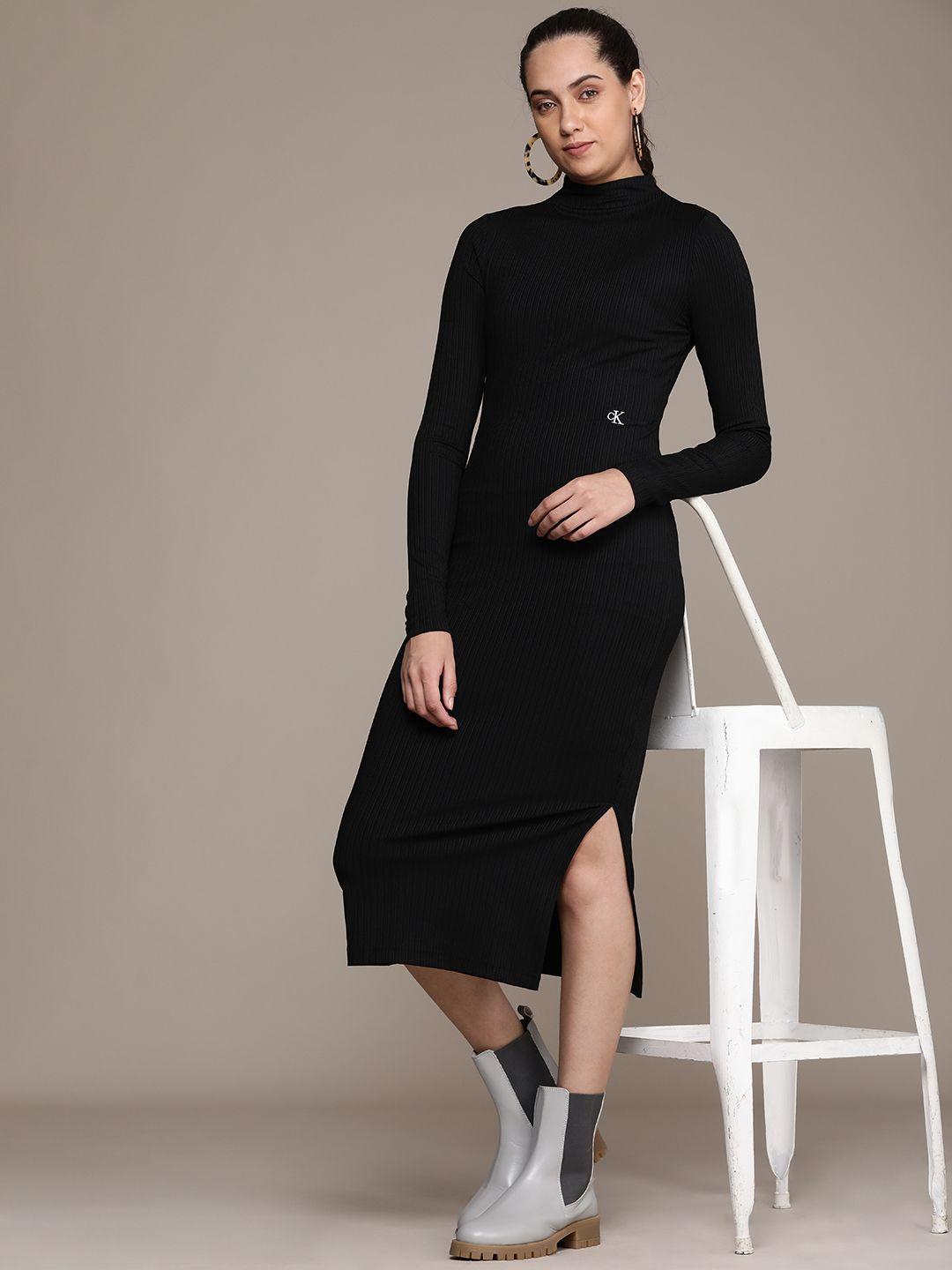 calvin klein jeans high neck long sleeves sheath midi dress