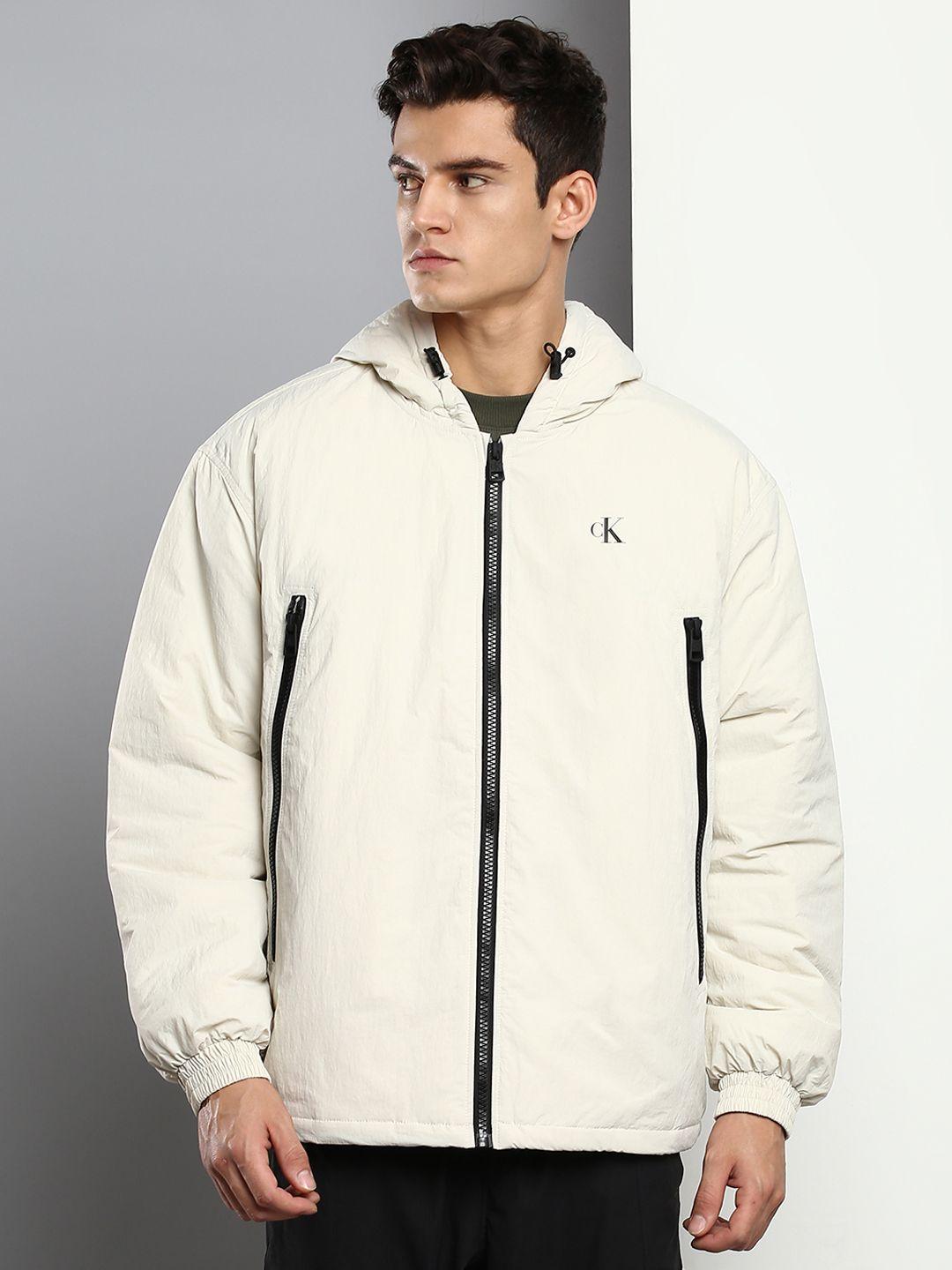 calvin klein jeans men beige brand logo printed hooded windcheater padded jacket