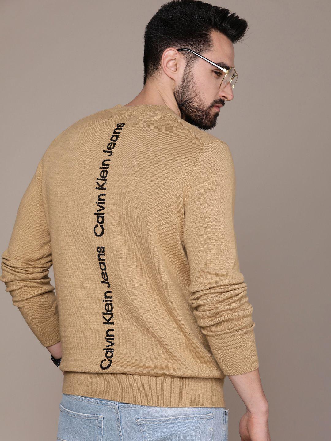 calvin klein jeans men beige pure cotton pullover with brand logo embroidered detail