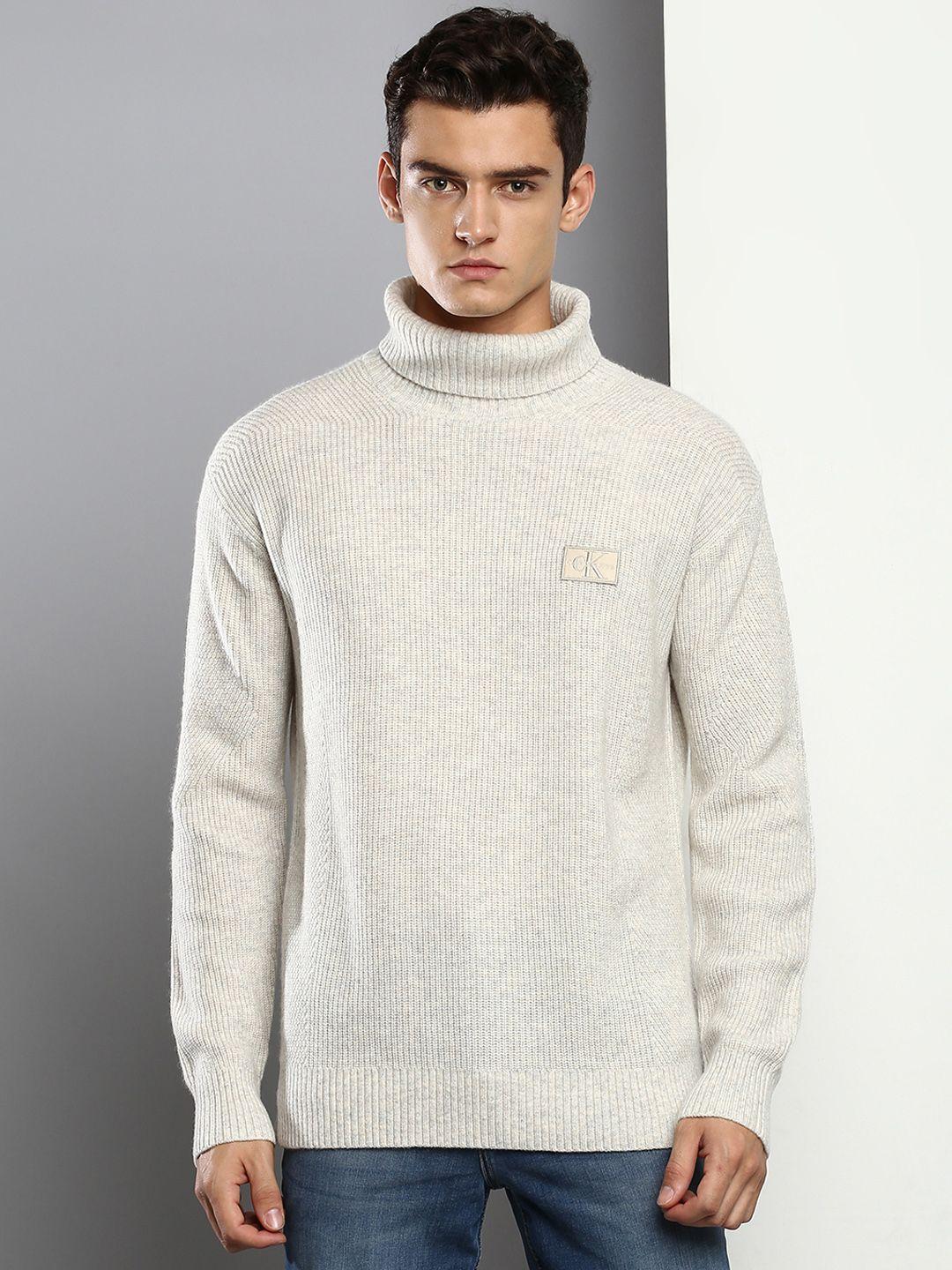 calvin klein jeans men beige self-striped turtle-neck pullover sweater