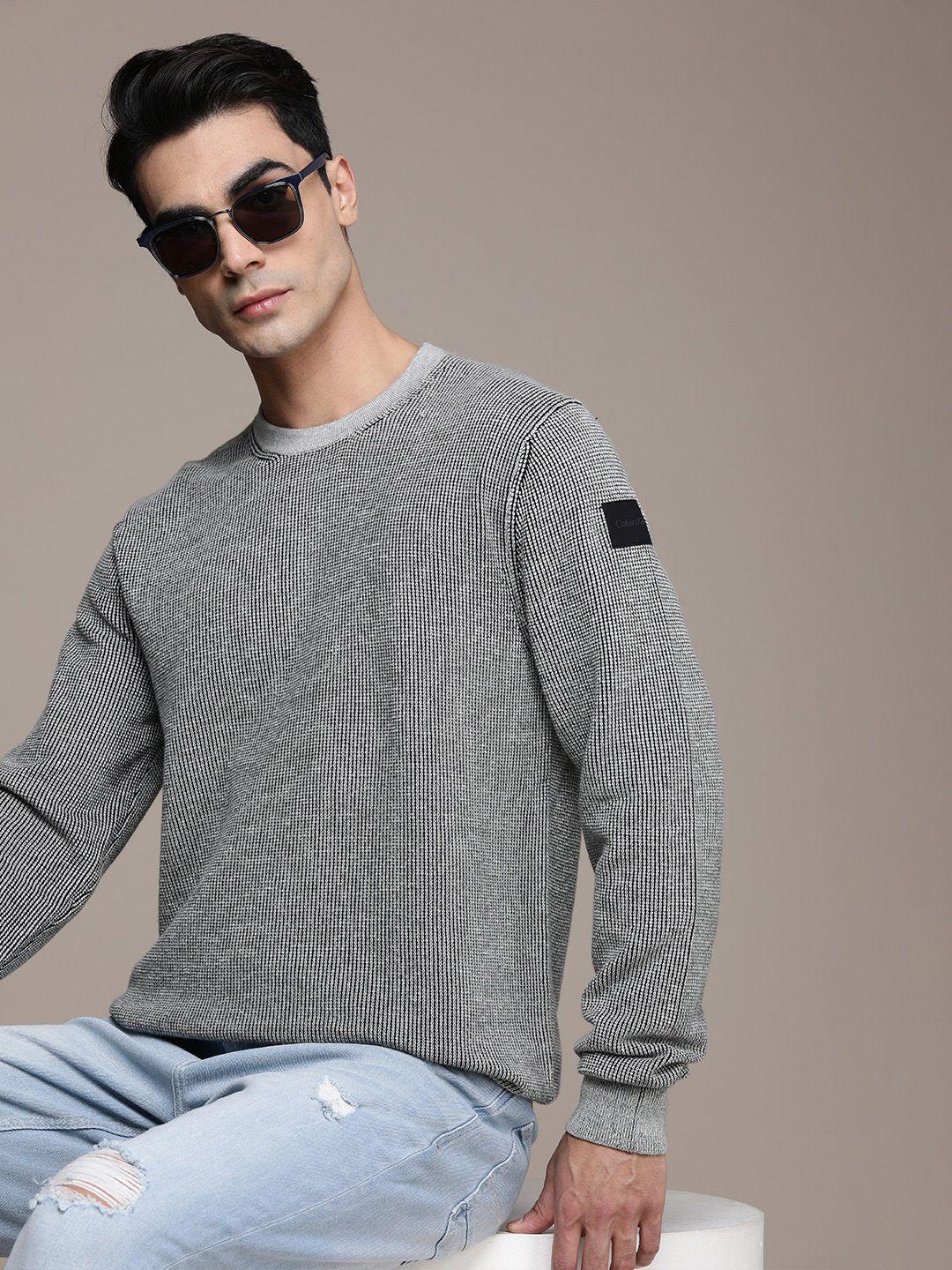 calvin klein jeans men black & white self design speckled pullover sweater