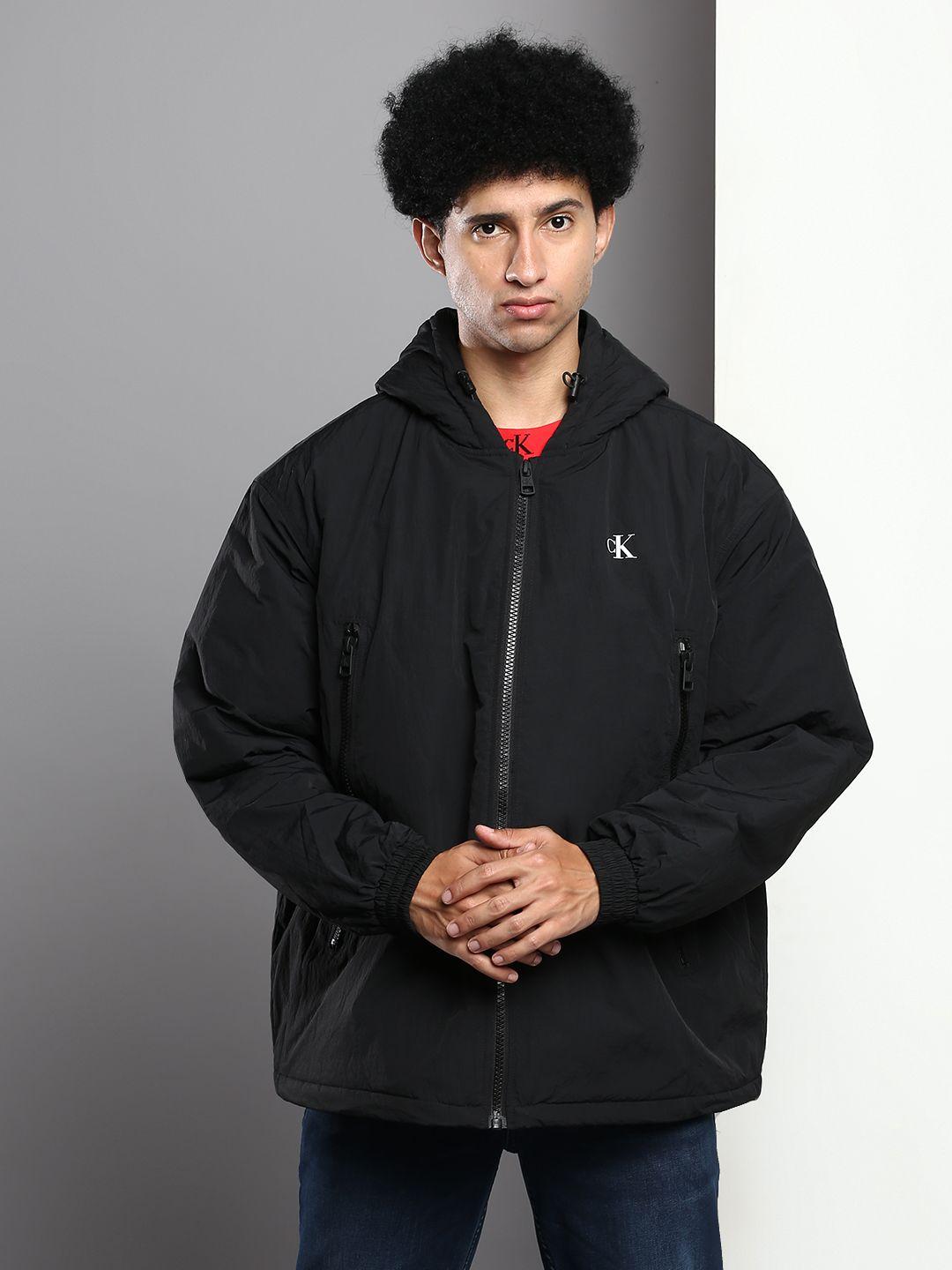 calvin klein jeans men black brand logo printed hooded windcheater padded jacket