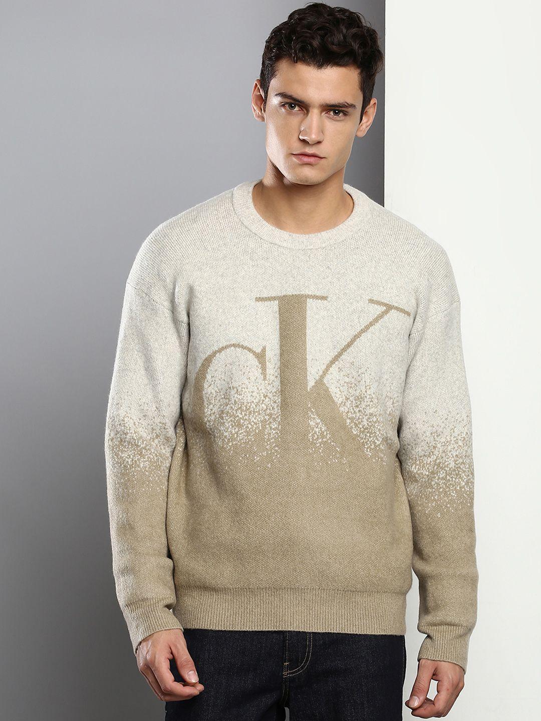 calvin klein jeans men off white & beige printed pullover