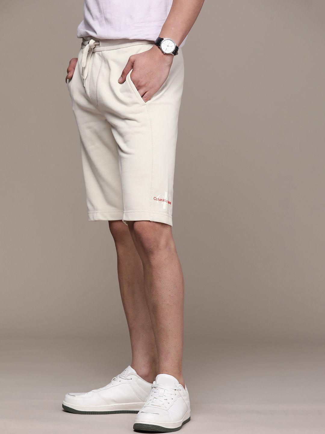 calvin klein jeans men off-white solid pure cotton regular shorts