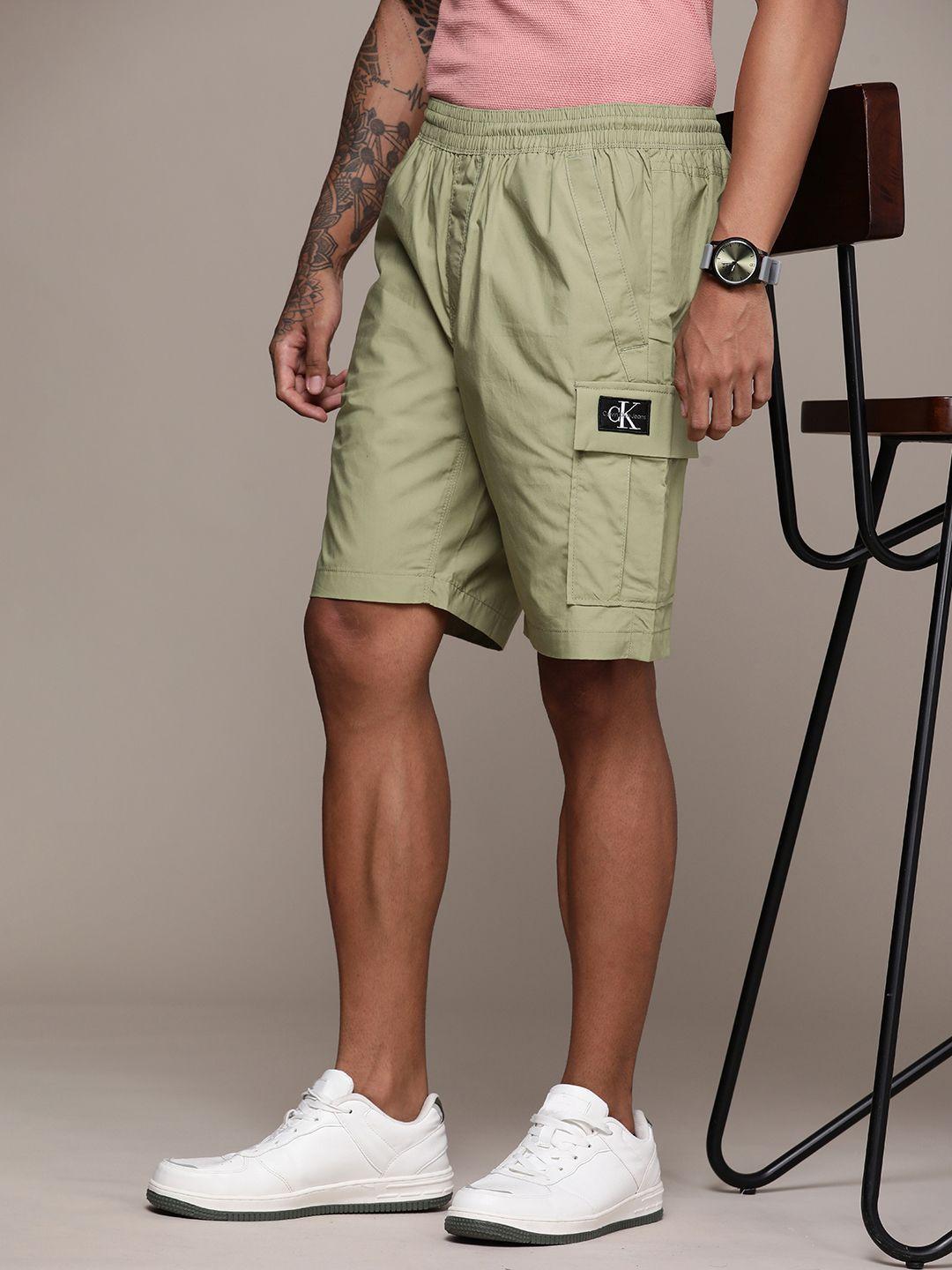 calvin klein jeans men olive green brand logo printed pure cotton shorts