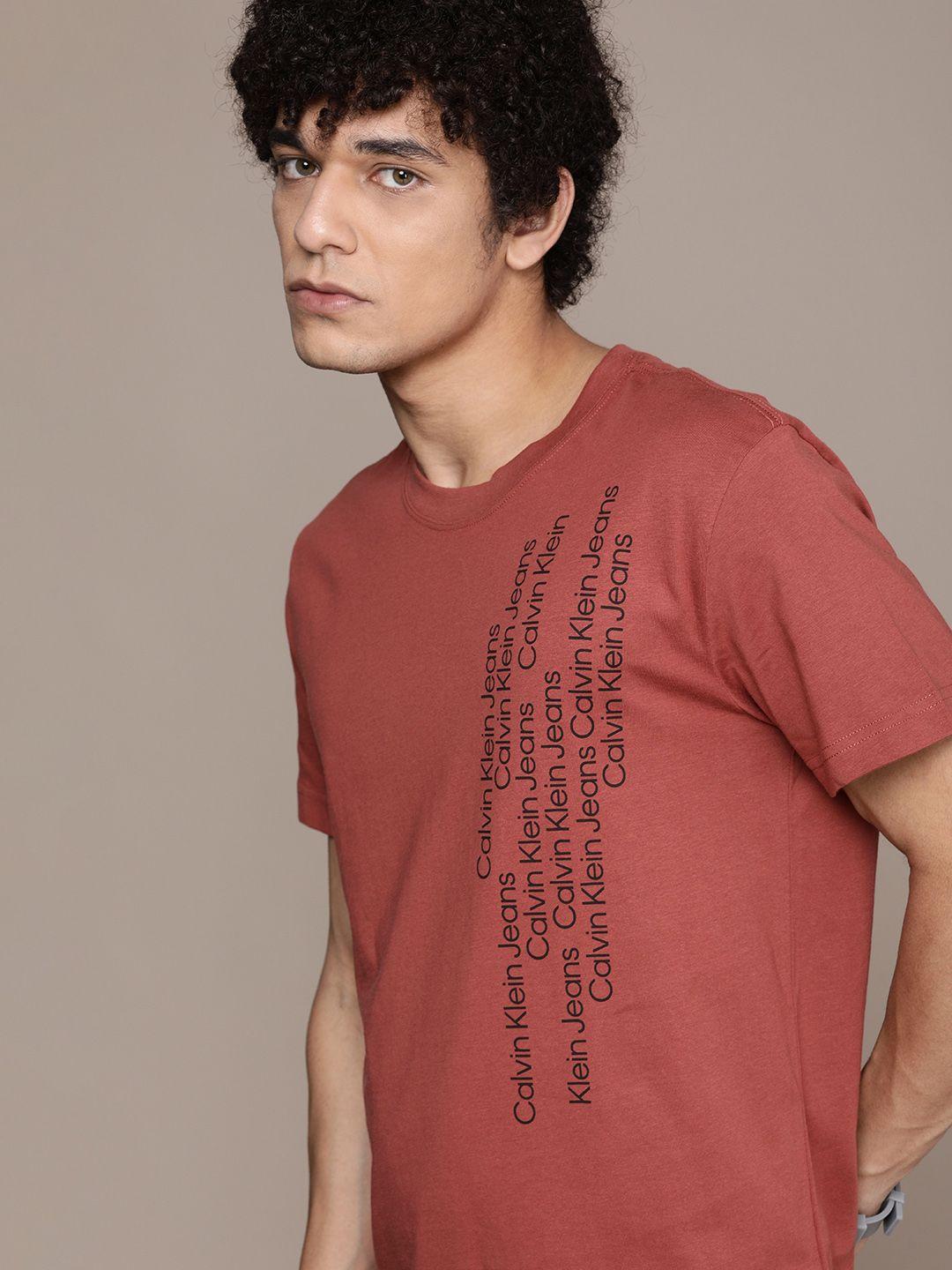 calvin klein jeans men rust red typography printed pure cotton t-shirt