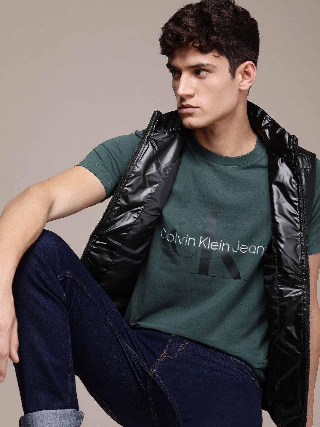calvin klein jeans men teal green brand logo print & applique slim fit t-shirt
