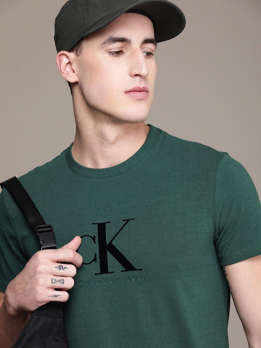 calvin klein jeans men teal green brand logo printed applique t-shirt