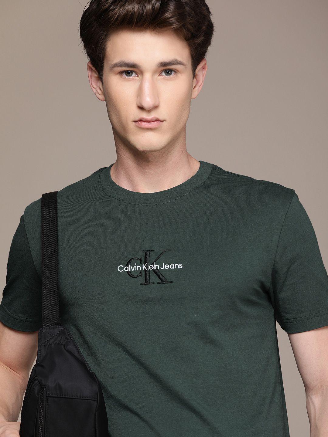 calvin klein jeans men teal green minimal brand logo embroidery pure cotton t-shirt