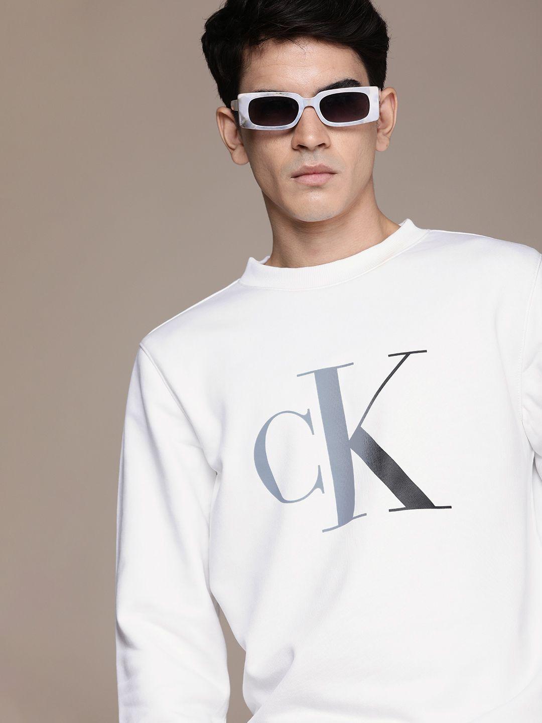 calvin klein jeans men white brand logo printed pure cotton pullover sweatshirt